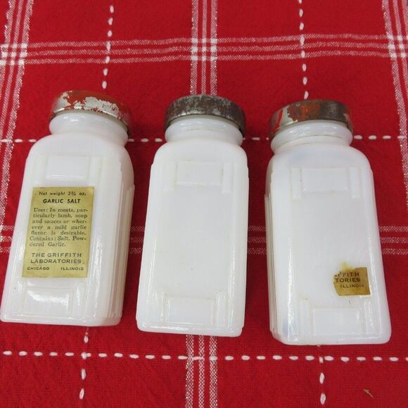 Griffiths Milk Glass Spice Jars Set of 10 Red Lids Some Labels - Picture 9 of 10